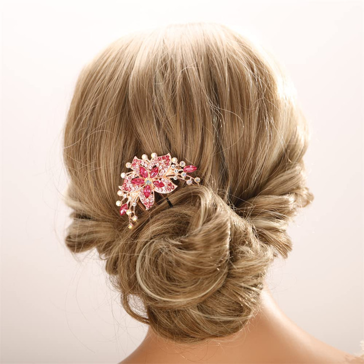 Aimimier Flower Crystal French Hair Comb Luxury Rhinestone Side Combs Long Teeth Hair Pins Decorative Hair Accessories for Women (Rose red)