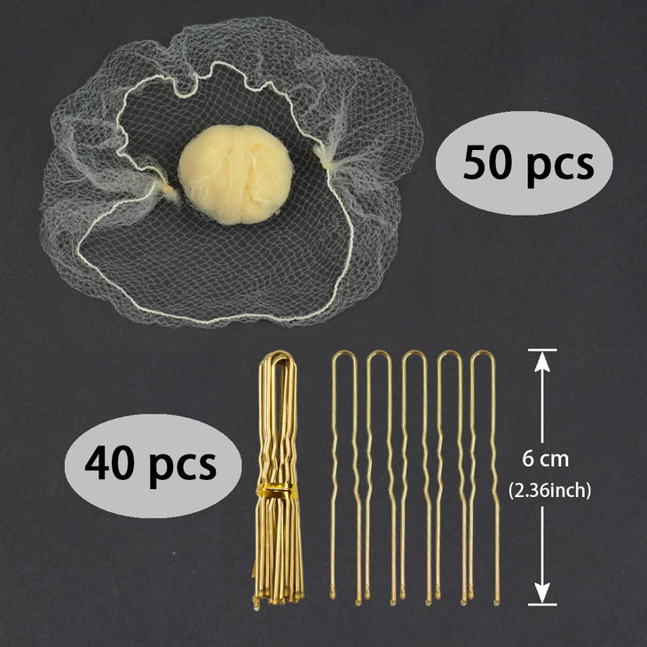 50 Pcs Bun Hair Nets Set Invisible Mesh Hair Nets Ballet Hair Bun with 40 U Shaped Pins for Women Ballet Bun Sleeping and Wig (Blonde)