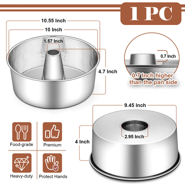 P&P CHEF Angel Food Cake Pan, 10 Inch Cake Pan Round Baking Tube Tin for Baking Pound Cakes, Conical Hollow & One-piece Design, Stainless Steel Core