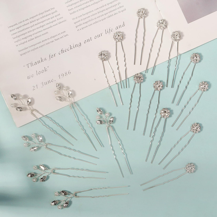 Yandino 18 Pieces Wedding Hair Pins for Bridal Silver Rhinestone Wedding Hair Accessories for Brides Bridesmaids Women