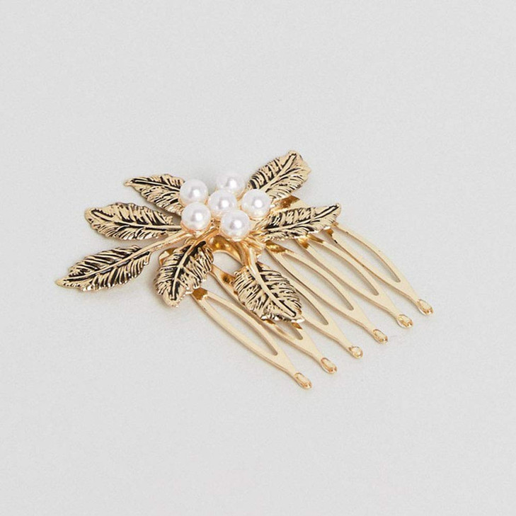 Vintage Alloy Hair Accessories Set: 5 Pcs Rhinestone Pearl Leaf Flower Honeybee Side Combs and Pins for Women and Girls