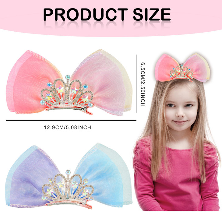 HLTOO Rhinestone Crown Barrettes and Hair Clips Set - Princess Birthday Headband, Ribbon Bows with Alligator Clips for Women and Girls' Hair Styling