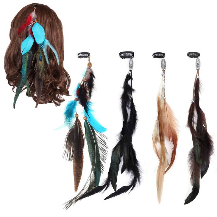 Feather Hair Clips Boho Hair Extensions Gypsy Headpiece Carnival Party Indian Peacock Hair Accessories for Lady Women 4 PCS