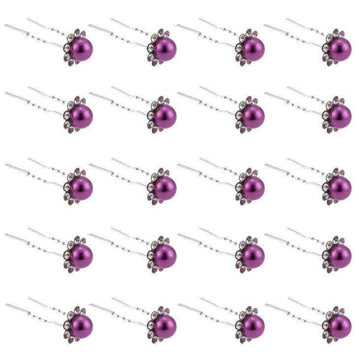 QIUTIMIY 20 Pack (Purple) Pearl Crystal Hair Pins Flower Rhinestone Hair Clips for Bridal Wedding Women Hair Jewelry Accessories, with Clear Containe