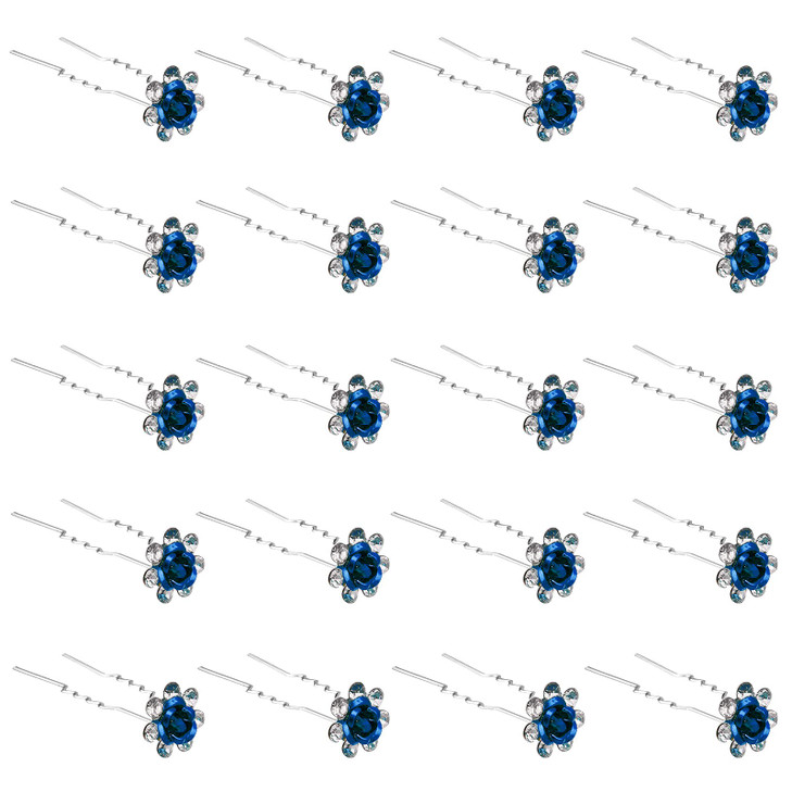 QIUTIMIY 20 Pack (Navy) Crystal Hair Pins Rose Flower Rhinestone Hair Clips for Bridal Wedding Women Hair Jewelry Accessories, with Clear Container