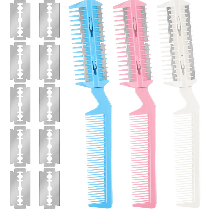 Maitys 3 Pcs Haircut Razor Comb Hair Cutting Comb with 12 Replacement Blades Double Edge Shaper for Salon & Home Styling Split Ends Trimmer Styler fo