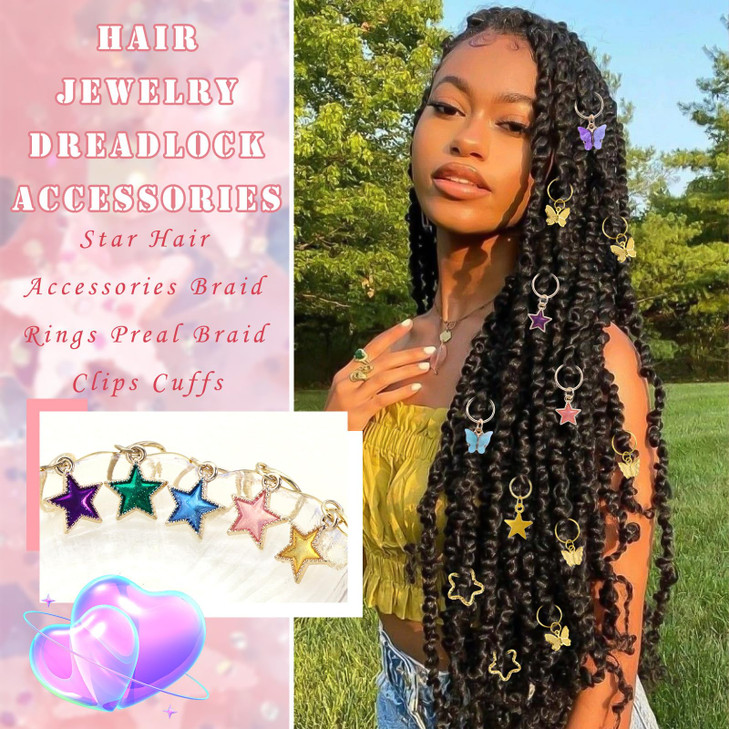 SAWINDA Stars Hair Braid Clips Gold Star Colorful Butterfly Dreadlock Accessories Shiny Loc Jewelry Handmade Hair rings Pendant Hair Cuffs for Women