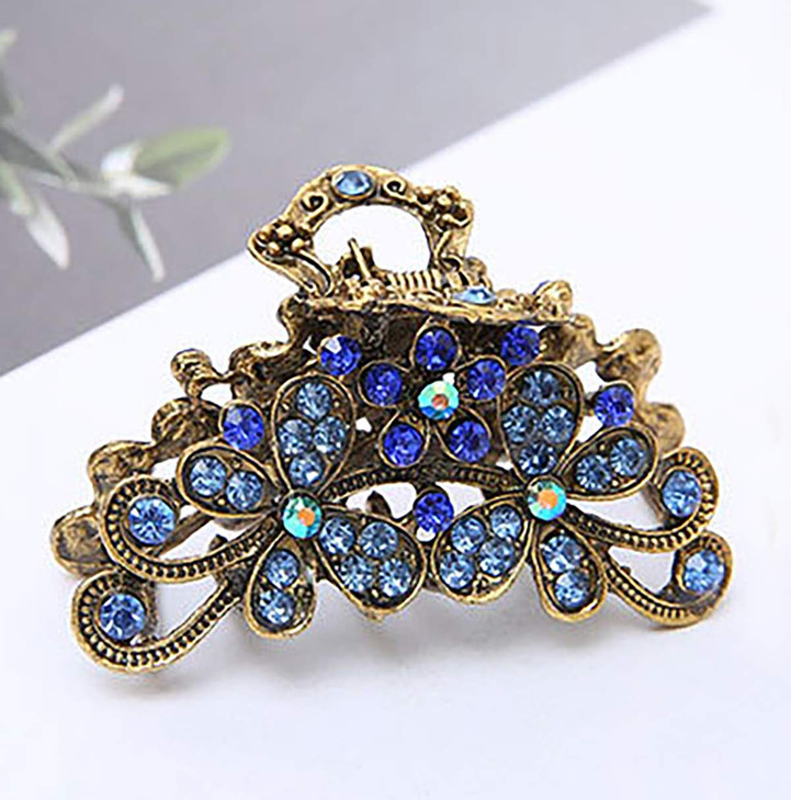 Retro Flowers Small Hair Claw Clip for Women Lady Vintage Alloy Rhinestone Hair Jaw Clips Hairpin Fancy Hair Barrette Clamp (Blue)