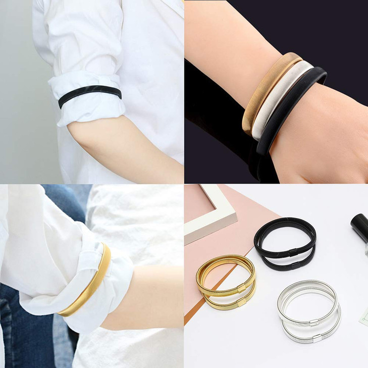 esowemsn 2 Pairs Silver Elastic Metal Anti-Slip Shirt Sleeve Holders Long Sleeve Stretchy Adjustable Armband Holders Best for Women Men, One Size Fit