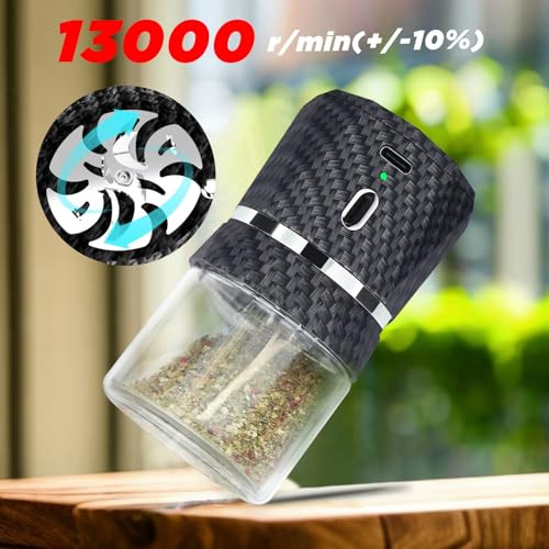 Electric Grinder Automatic Mini Size Spice Crusher with 2PCS Glass Jar of 1.7oz/50ml Rechargeable (not for grinding nut & coffee bean), Carbon Fiber
