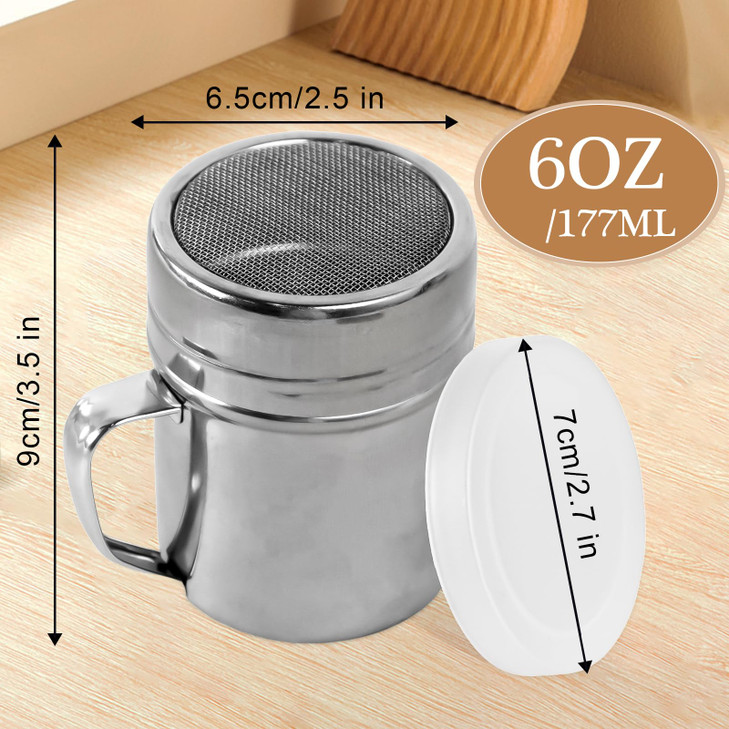 AHOKEL 2 Pcs Powdered Sugar Shaker Duster with Handle and Plastic Lid,Stainless Steel Fine Mesh Dredges Shakers,for Powder Sugar Cinnamon Cocoa Peppe
