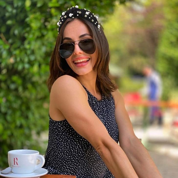 Pearl Knotted Headband Women Rhinestone Embellished Elegant Wide Top Knot Hairband Jeweled Beaded Crystal Diamond Sparkly Fashion Hair Accessories Bl