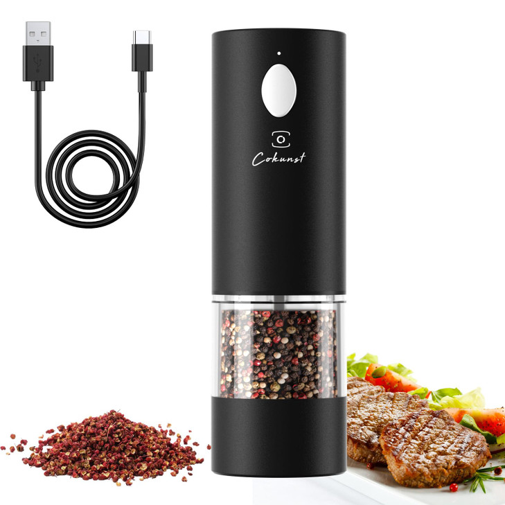 Electric Pepper or Salt Grinder, COKUNST USB Rechargeable Automatic Pepper Grinder with Visual Silo & LED Light, Black Pepper Grinder Mill Refillable