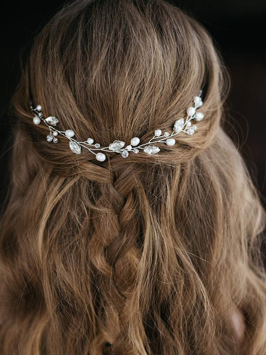 JEAIRTS Wedding Hair Vine Silver Pearl Bridal Hair Pieces Sparkle Rhinestone Prom Accessories for Brides