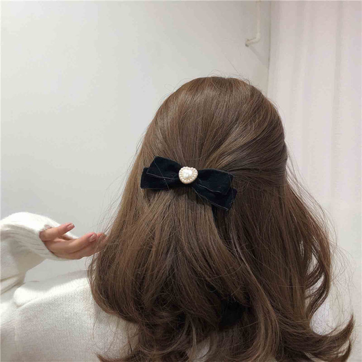 Zeshimb Velvet Bow Hair Clips Black Satin Ribbon Bow Clip Bow Pearl Ponytail Holder Clip Headpieces Long Tail Hair Bow Headwear Hair Accessories for