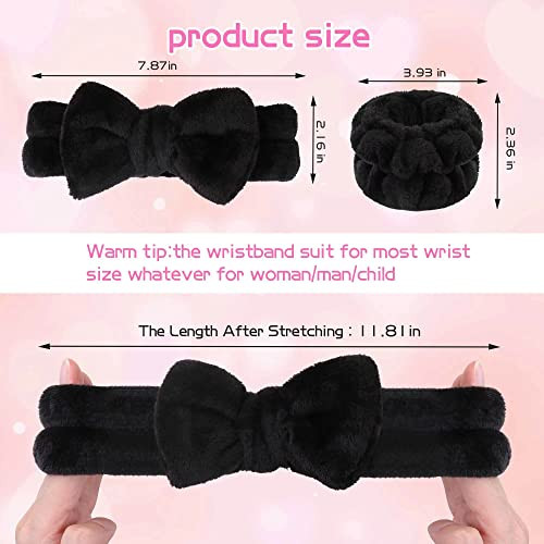 WSYUB Makeup Headbands, 1pcs Black Spa Headband Fluffy Bow Tie Headband Microfiber Face, and 2Pcs Wrist Spa Wash Band Absorbent Wristbands, for Washi