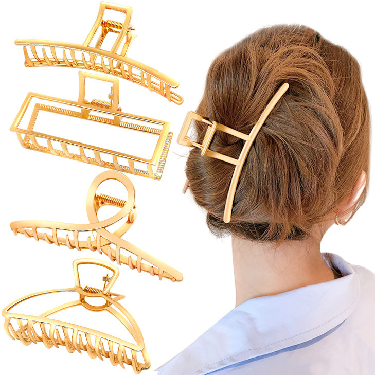 AIBEE Large Metal Hair Claw Clips - 4pcs Nonslip Big Gold Hair Clamps with Strong Hold for Thick and Thin Hair for Women and Girls