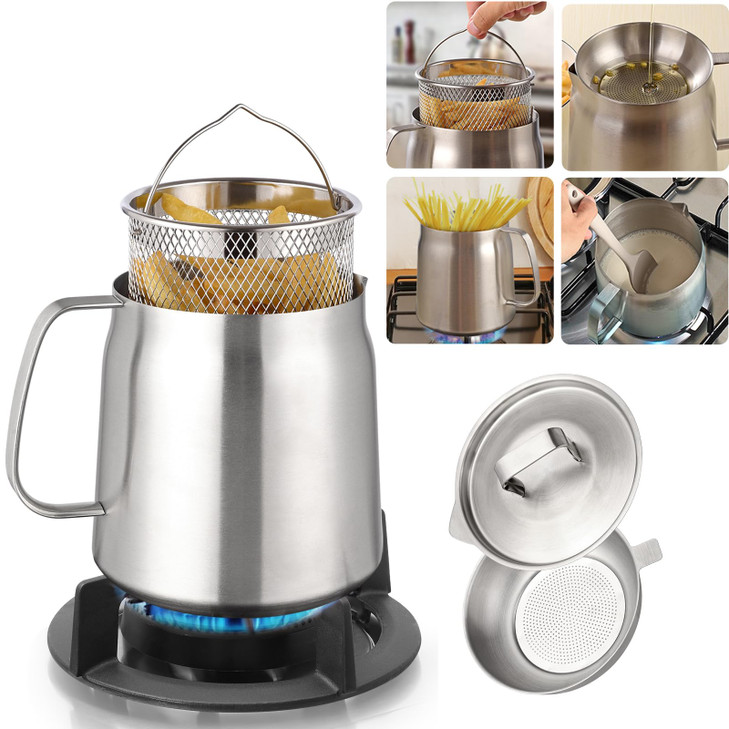 Oxydrily Deep Fryer Pot with Basket and Oil Strainer, 304 Stainless Steel Pour Fryer for French Fries/Japanese Tempura,Small Versatile Frying Pot for