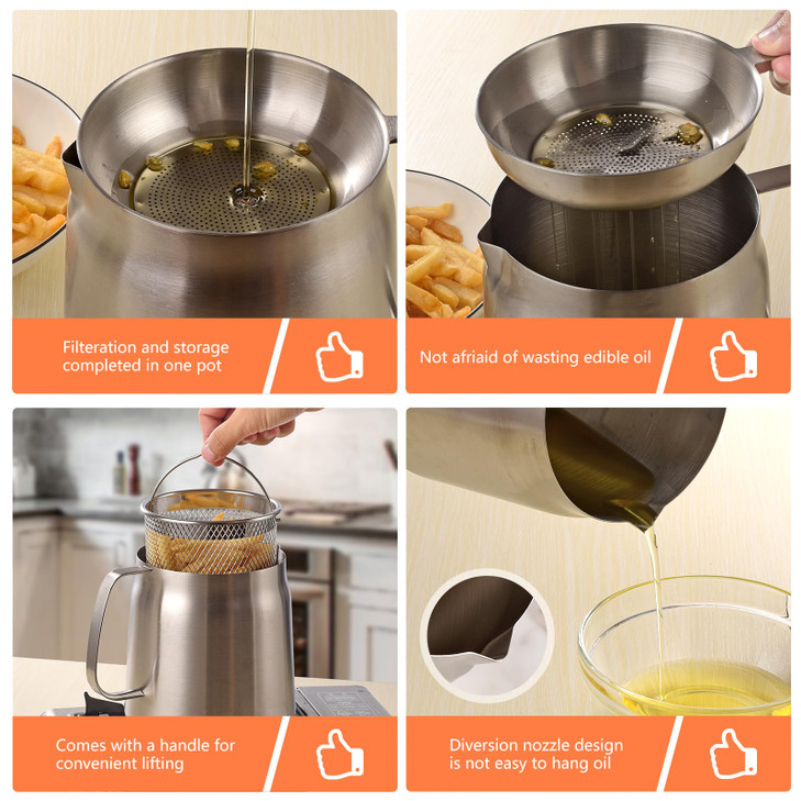 Oxydrily Deep Fryer Pot with Basket and Oil Strainer, 304 Stainless Steel Pour Fryer for French Fries/Japanese Tempura,Small Versatile Frying Pot for