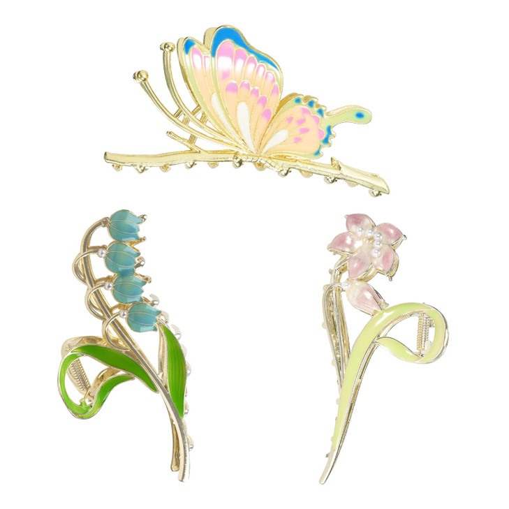 Yonchic 3-Piece Flower Metal Hair Accessories: Butterfly Barrettes, Elegant Lily Floral Clamps for Thin/Medium Thick Hair, Strong Hold Non-Slip Claws