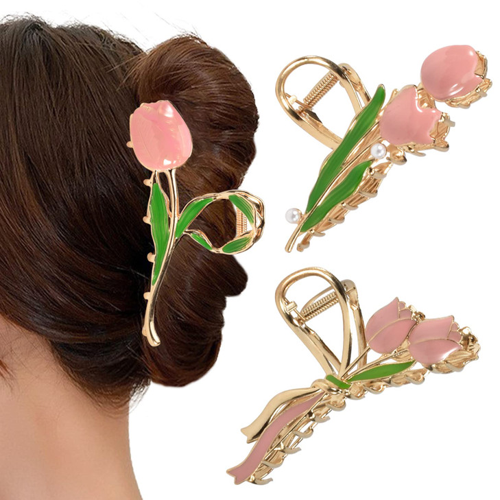 Yonchic 3-Piece Floral Metal Hair Clips, 3-Style Tulip Claw Clamps for Thin/Medium Thick Hair, Elegant Barrettes with Strong Hold and Non-Slip Cute A
