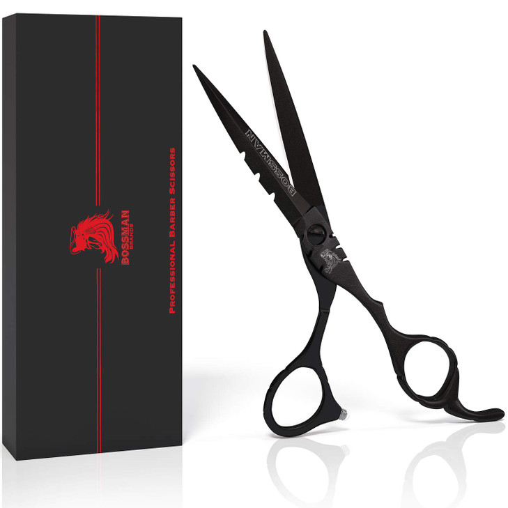Bossman Professional Barber Scissors - 5.5 inch - Black Stainless Steel Hair Shears - Beard and Mustache Scissors for Men - Barber Shears for Hair Cu