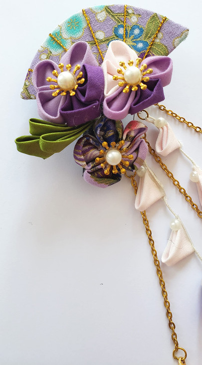 CRB Fashion Womens Kimono Traditional Tsumami Kanzashi Outfit Wedding Japanese Asian Yukata Hair Tie Flower Floral Fan Barrette Clip (Lilac Mix)