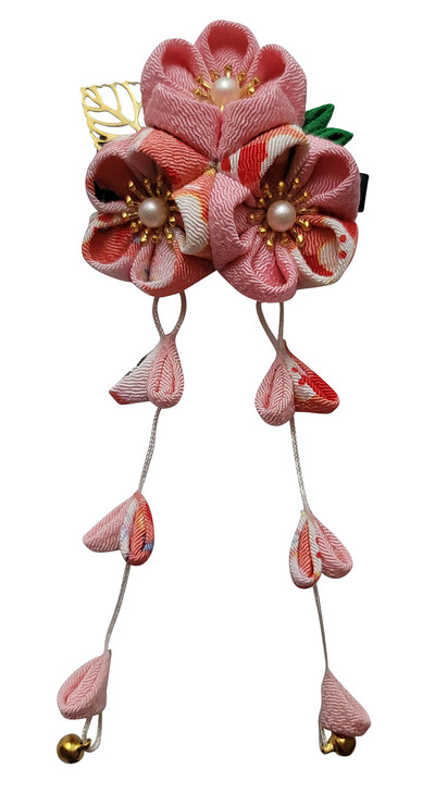 CRB Fashion Womens Kimono Traditional Tsumami Kanzashi Outfit Wedding Japanese Asian Yukata Hair Tie Flower Floral Fan Barrette Clip (Pink Multi Leaf