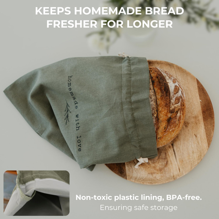 KIBAGA Beautiful Linen Bread Bag and Proofing Cover For Homemade Sourdough Bread - Keeps Your Loaf Fresh for Days - Reusable and Easy to Clean Storag