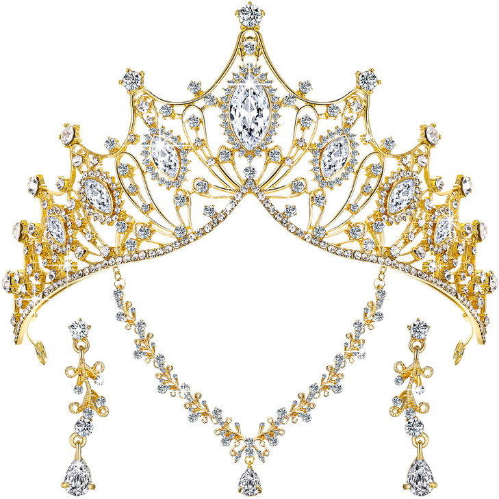 Hicarer 3 Pcs Gold Tiaras and Crowns Set for Women Halloween Gothic Tiara Earrings Necklace Medieval Crown Bridal Wedding Jewelry Halloween Prom Birt