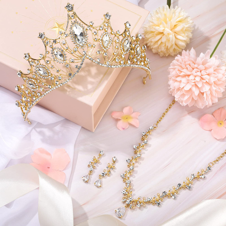 Hicarer 3 Pcs Gold Tiaras and Crowns Set for Women Halloween Gothic Tiara Earrings Necklace Medieval Crown Bridal Wedding Jewelry Halloween Prom Birt