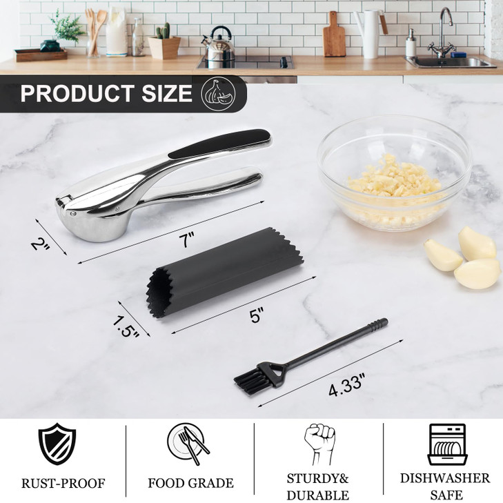 CUNSENR Garlic Press with Silicone Peeler & Brush - Mincer & Crusher - Easy to Use & Clean - Rustproof - Dishwasher Safe - Press Garlic with Ease (Br