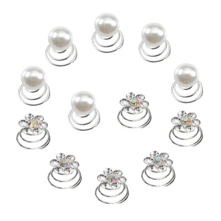 TUUXI 84pcs Gems Rhinestone Twisters Spiral Set Hair Pins Silver Hair Pearl Gems Rhinestone Flower Hair Jewels Screws Decoration for Women Girls Wedd