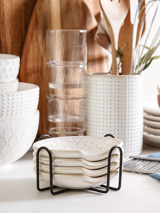 LE TAUCI Ceramic Spoon Rests for Stove Top with Holder, Set of 4 Farmhouse Spoon Holder for Kitchen Counter, 4.8 Inch Heat Resistant Utensil Rest for