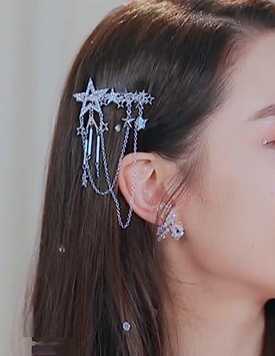 E EMZHOLE Rhinestone Hair Clip with Silver Chain Tassel, Bling Cluster Headpiece for Bride and Women, Hair Accessories