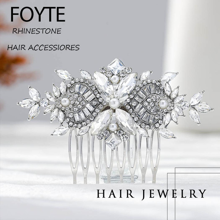 Foyte Crystal Bride Wedding Hair Comb Silver Flower Bridal Headpieces Leaf Hair Pieces Rhinestone Bridesmaid Side Combs Hair Accessories for Women (s