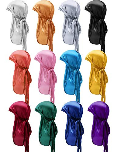 SATINIOR 12 Pcs Silky Durags 360 Wave Doo Rag Cap with Long Tail Wide Straps Headwraps for Men Women Party Favors, 12 Colors (Chic Mixed Colors)