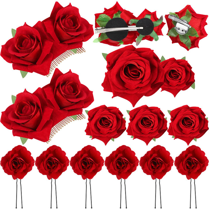 Waydress 12 Pieces Rose Flower Hair Clip Rose Brooch Floral Clips Mexican Flower Hair Pins Accessories for Women Mother's Day Gifts Flamenco Dancer B