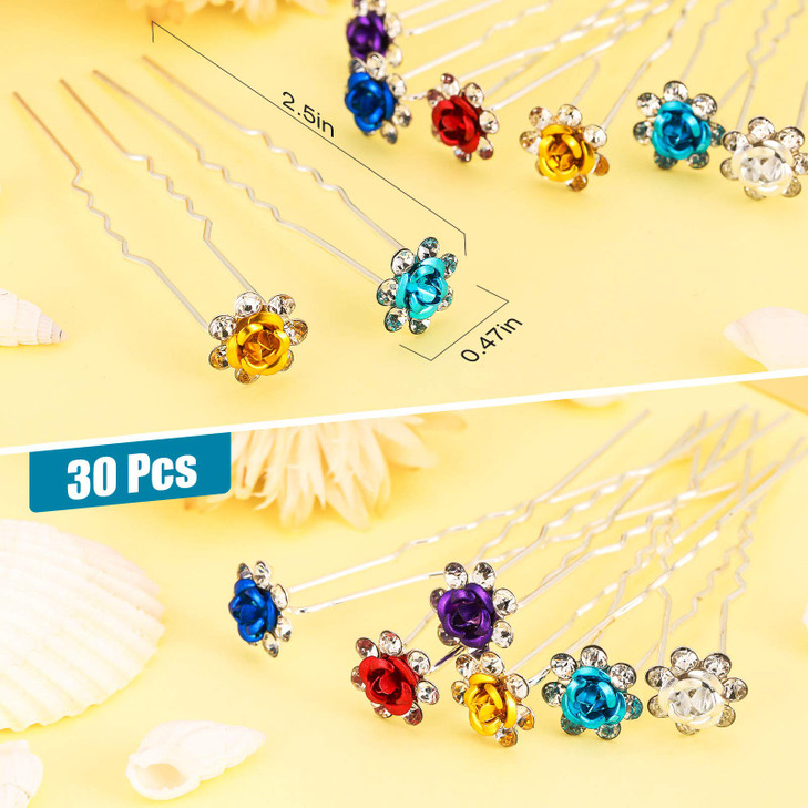Chuangdi 30 Pieces Rhinestone Hair Pins Bridal Wedding Crystal Clips Rose Flower Crystal U Shaped Bobby Pins Decorative Hairpin Accessories Jewelry B