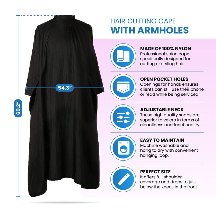 Hair Cutting Cape with Armholes - Professional 100% Nylon Black Salon Cape - Lightweight, Water-Resistant Hairdresser Smock for Cutting, Coloring, an