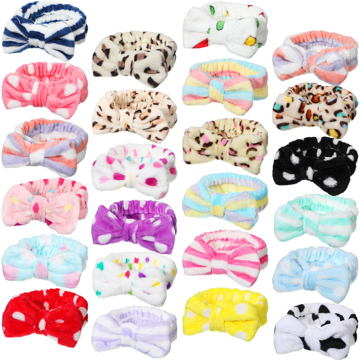 Jexine 24 Pcs Facial Spa Headband Makeup Headbands Bulk Bow Hair Head Band Fluffy Plush Spa Headband for Women Washing Face Shower Cleansing (Minimal