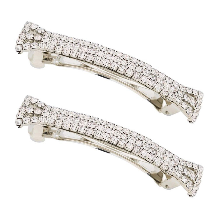 lasenersm Hair Clip, 2 Pieces Hair Accessory with Three Row Rhinestone Crystal, Hair Barrette Clip for Girls and Women, 2.75 in Length, Silver