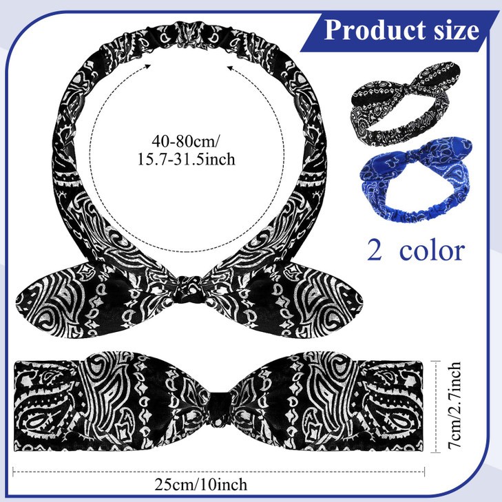 Hicarer 2 Pieces Bandana Headband for Women, Knot Retro Print Bandana Paisley Print Headband Adjustable Headwrap(Black, Blue)