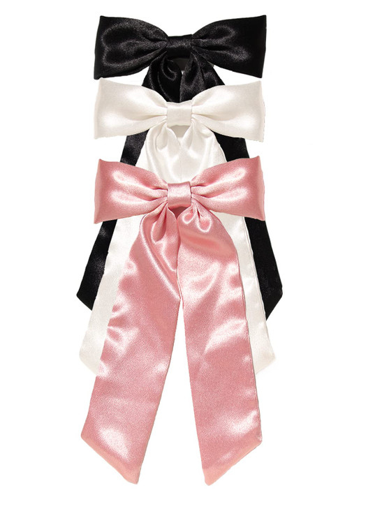 Furling Pompoms Bow Hair Clips with Long Tail, 3pcs Hair Ribbon Bows for Women, Black White Pink Hair Bows for Girls Hair Accessories