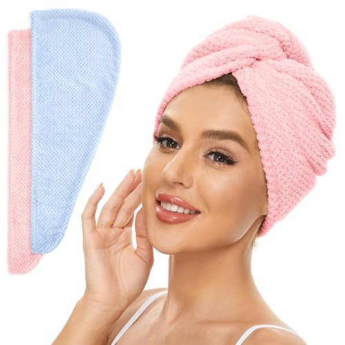 SimpleField 2 Pack Microfiber Hair Towel Wrap for Women, Anti Frizz Quick Drying Hair Turban for All Hair Style, Absorbent and Lightweight (Blue+Pink