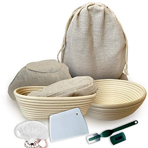 RoEsha Banneton Bread Proofing Basket 23 Piece Set, Round 9 and Oval 10 Inch Rattan Sourdough Baskets, Dough Scraper, Scoring Lame, Linen Bread Bag,