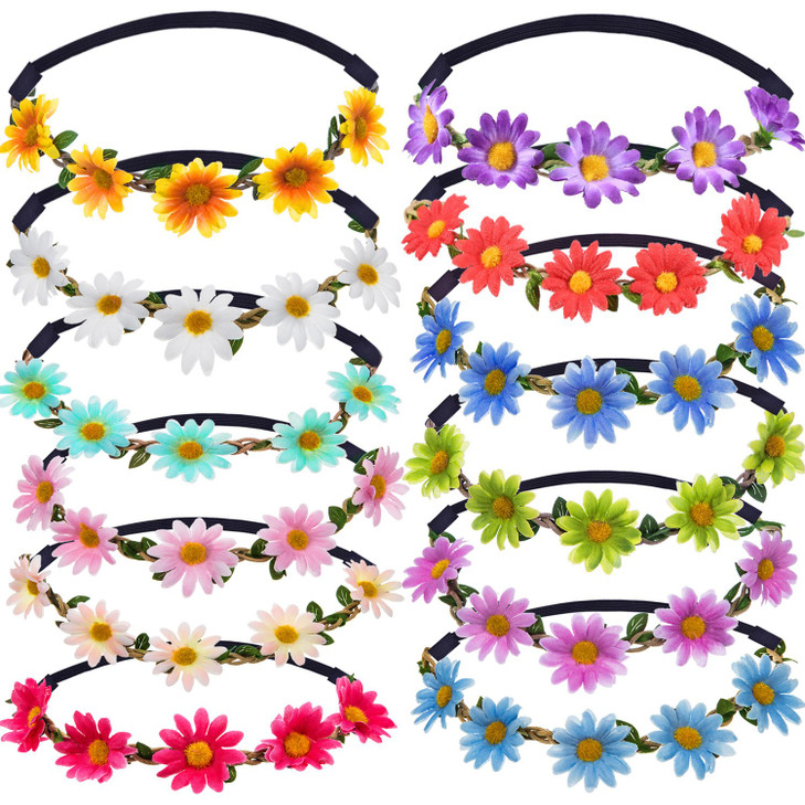 Bememo 12 Pieces Flower Headband Girl Women Daisy Flower Crown Hippie Floral Wreath Headband for Festival Wedding Bridal Party (Classic)