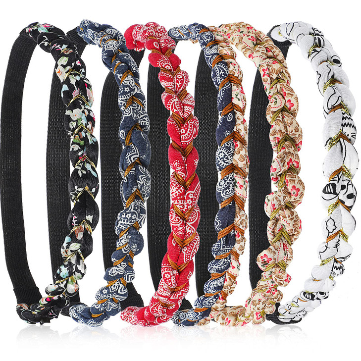 Chuangdi 6 Pieces Braided Floral Elastic Headbands for Women Adjustable Braid Flower Hairband Elastic Stretch Fabric Braided Head Bands Hair Accessor