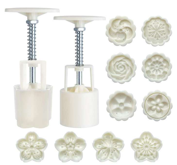 LIUDHPSP Moon Cake Mould Set,Includes 12 pcs Flower pattern base and 2 Pieces Bath Bombs Press,Mid Autumn Festival DIY Hand Press Cookie Stamps Pastr