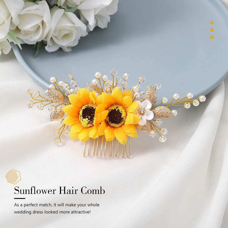 Jeairts Sunflower Bride Wedding Hair Comb Crystal Pearl Bridal Hair Side Combs Decorative Hair Accessories for Women